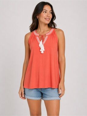 Jones New York Embroidered Tassel Tie Tank Stretch Knit Coral Sun Large NWT